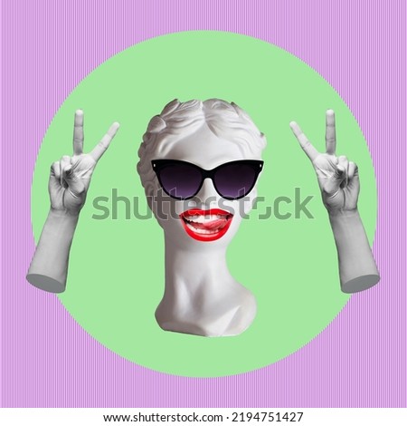 Antique female statue in black sunglasses shows a peace gesture with hands and tongue on green and purple color background. Trendy collage in magazine surreal style. 3d contemporary art. Modern design