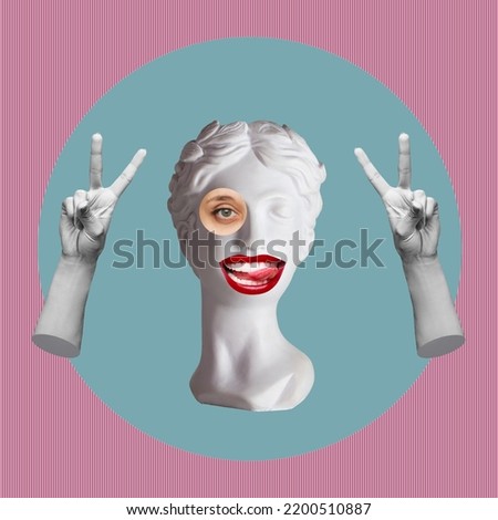 Antique female statue showing a peace gesture with hands and tongue on teal blue and pink color background. Trendy abstact collage in magazine surreal style. 3d contemporary art. Modern design