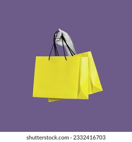 Antique female statue's hand holding yellow shopping paper bag isolated on violet color background.  3d trendy collage in magazine style. Contemporary art. Modern creative design - Powered by Shutterstock