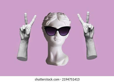 Antique female statue's head in black sunglasses showing a peace gesture with hands isolated on a purple color background. Trendy collage in magazine surreal style. 3d contemporary art. Modern design