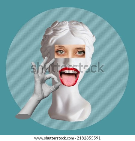 Antique female statue's head shows tongue and the ok gesture with hand isolated on a teal blue color background. Trendy abstact collage in magazine surreal style. 3d contemporary art. Modern design