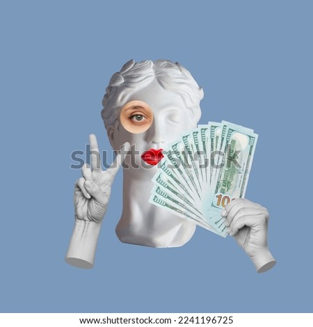 Antique female statue's head shows a peace gesture holding a wad of hundred-dollar cash bills isolated on purple color background. 3d trendy collage in magazine surreal style. 3d contemporary art