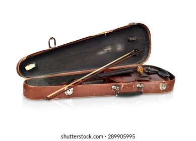 antique fiddle-case and violin on a white background
