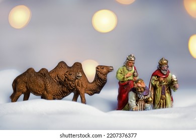 Antique Figures Of The Three Kings With Two Camels, Christmas Picture