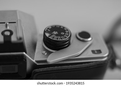 Antique Film Camera. Film Rewind Lever And Shutter Speed Wheel On Old Camera. 