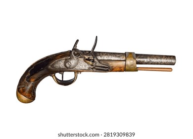 Antique flintlock muzzleloading pistol isolated on a white background.