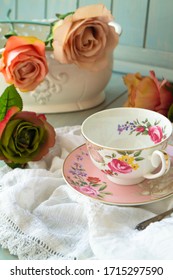 Antique Floral Cup, Saucer And Vintage Roses, Vertical Image