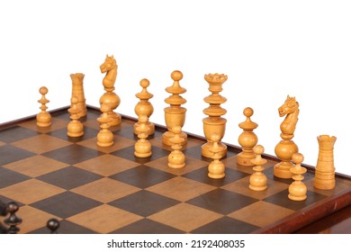 An Antique Fold Out Games Table That Has Multiple Games Inside It, With The Chess Set Currently Out. Isolated On A White Background.