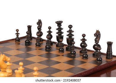 An Antique Fold Out Games Table That Has Multiple Games Inside It, With The Chess Set Currently Out. Isolated On A White Background.