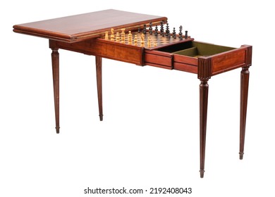 An Antique Fold Out Games Table That Has Multiple Games Inside It, With The Chess Set Currently Out. Isolated On A White Background.