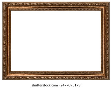 Antique Gold Brown Classic Old Vintage Wooden Rectangle mockup canvas frame isolated on white. Blank and diverse subject molding baguette. Design element. use for paint, mirror or photo