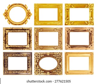 The antique gold frame on the white background