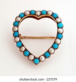 Antique Gold Heart Brooch Set With Turquoise And Seed Pearls.