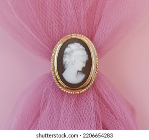 Antique Gold Ring With Cameo On Pink, Old Vintage Jewelry For Women