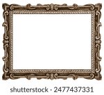 Antique Golden Beige Classic Old Vintage Wooden Rectangle ornate mockup canvas frame isolated on white. Blank and diverse subject molding baguette. Design element. use for paint, mirror or photo