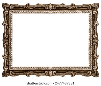 Antique Golden Beige Classic Old Vintage Wooden Rectangle ornate mockup canvas frame isolated on white. Blank and diverse subject molding baguette. Design element. use for paint, mirror or photo