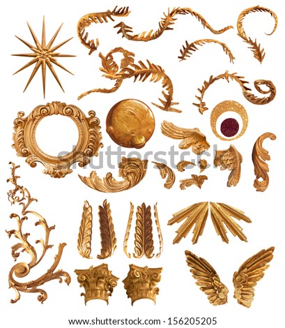 antique golden feather forms elements and ornaments collection, comes with clipping paths, isolated on white