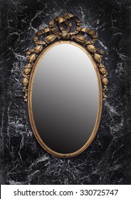 Antique Golden Frame Enchanted Mirror On Black Marble Background