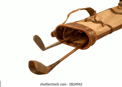 Antique Golf Clubs In A Old Golf Bag (With Clipping Path)