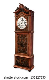 Antique grandfather clock with elegant wood carved decoration, isolated