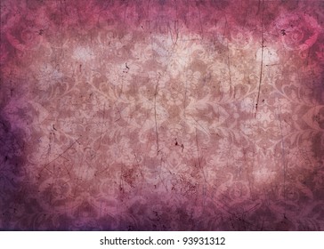 Antique grungy damask background texture in pink and magenta