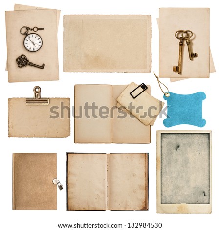 antique grungy paper sheets with clock and key isolated on white background