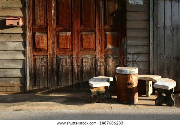 Antique House Doors Made Wood Stone Stock Photo Edit Now 1487686283