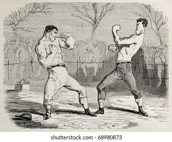 Antique humorous illustration of a boxing match beginning. Original, from drawing of Benassis and Darjou, published on L'Illustration, Journal Universel, Paris, 1860