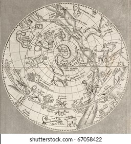 Antique illustration of  Celestial Planisphere (northern hemisphere) with constellations. Original engraving, Taillart sculp., is datable to the half of 19th c.