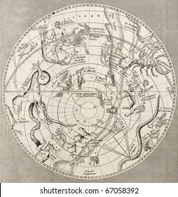 Antique illustration of  Celestial Planisphere (southern hemisphere) with constellations. Original engraving, Taillart sculp., is datable to the half of 19th c.