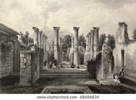 Antique illustration of Pompeii roman house, southern Italy. Original, created by Wolfensberger and J. B. Allen, was published in Florence, Italy, 1842, Luigi Bardi ed.