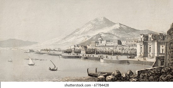 Antique illustration showing marine landscape of Palermo, Italy. Original engraving created by Lenormand and Rouargue is datable to the half of 19th c.