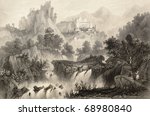 Antique illustration of Subiaco surroundings, in Lazio region, Italy. Original, created by Wolfensberger and Floyd, was published in Florence, Italy, 1842, Luigi Bardi ed.