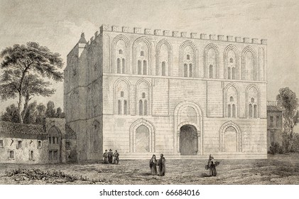 Antique illustration of the Zisa, arab castle in Palermo, Italy. Original engraving, Lemaitre direxit, is datable to the half of 19th c.