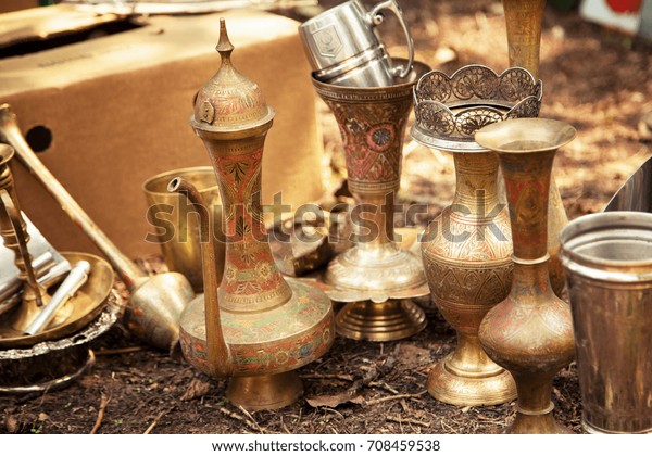 Antique Indian Handicraft Etched Vases Surahi Stock Photo Edit