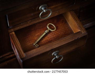 Antique key in a cabinet drawer. Find the right key for the lock. Concept and idea on the theme of security, history, protection, protection, mystery, conservation, etc. Retro style.