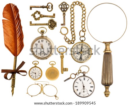 antique keys, clock, ink pen, loupe, compass, glasses isolated on white background. collectibles