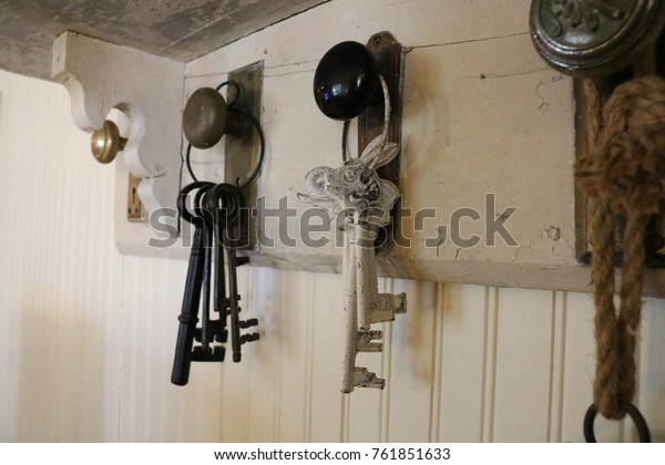Antique Keys Hanging Old Doorknobs Against Stock Photo Edit Now