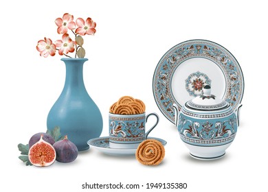 Antique kitchen set with flowerpot with pink flower and white background designs - Shutterstock ID 1949135380
