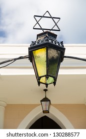 Antique lamp at entrance to synagogue in Charlotte Amalie St Thomas
