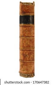 Antique leather book with spine facing out.