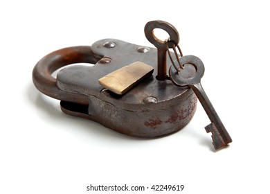 An Antique Lock With Skeleton Key On A White Background