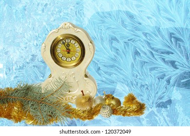 Antique Looking Clock Against Frosty Patterns Stock Photo 120372049