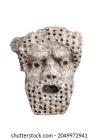 Antique Male Demon Stone Statue Head With Open Mouth And Holes In Hair And Beard Isolated On White Background