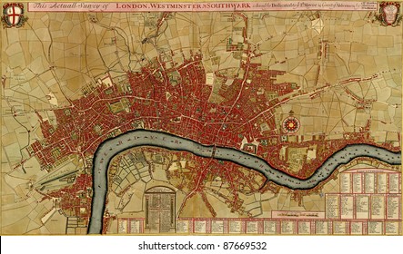 Antique map of London, Southwark asnd Westminster, Atlas of fortifications and battles, by Anna Beek and Gaspar Baillieu  Originally published in 17th century.