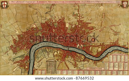 Antique map of London, Southwark asnd Westminster, Atlas of fortifications and battles, by Anna Beek and Gaspar Baillieu  Originally published in 17th century.