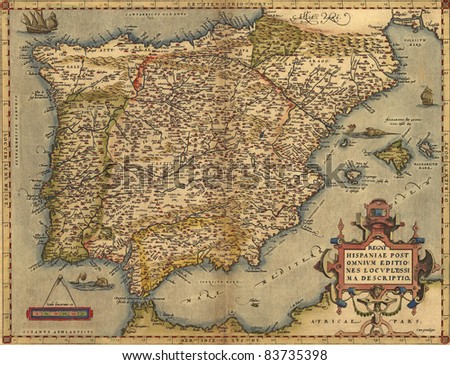 Antique Map of Spain,  by Abraham Ortelius, circa 1570