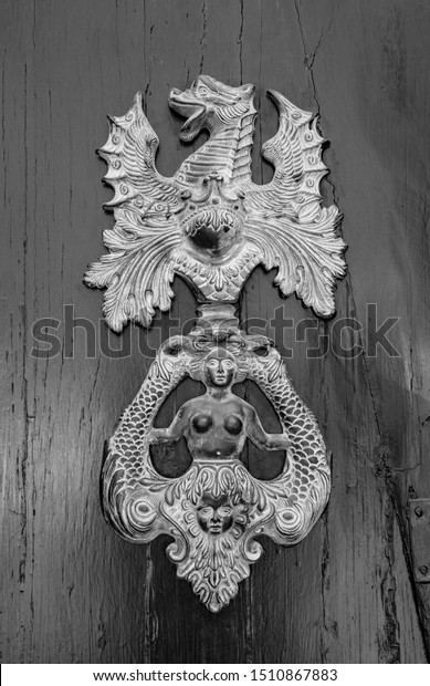 Antique Metal Knocker On Wooden Door Stock Photo Edit Now 1510867883