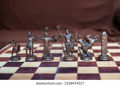 Antique metal made chess pieces based on Greek Mythological Characters 