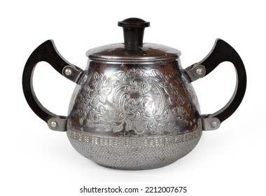 Antique Metal Sugar Bowl With Patterns On A White Background. Old Cookware Close-up.